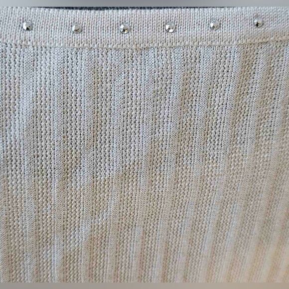 St. John Top Studded Neck line Ribbed Cream Short Sleeve Shirt  Sz Large Vintage - Picture 4 of 8